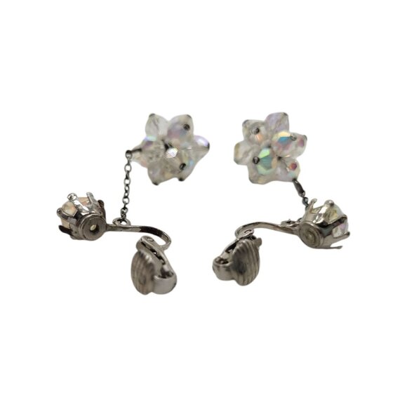 Vtg Aurora Borealis Crystal Clip-On Dangle Earrings AB Cluster Drop Statement - Picture 10 of 10
